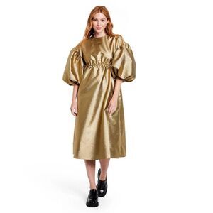 NEW Kika Vargas Dresses Puff Sleeve Scallop Back Midi Dress 1X Gold